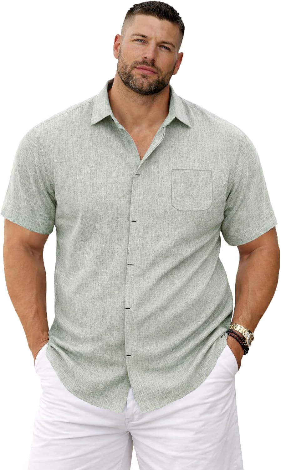  Male model showcasing a lightweight short sleeve shirt on a plain background.