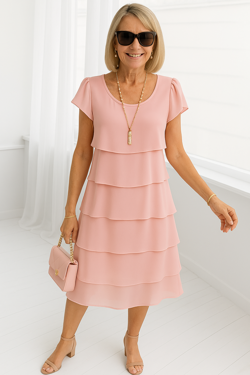 Model wearing a layered skirt midi dress with short sleeves on a plain background.