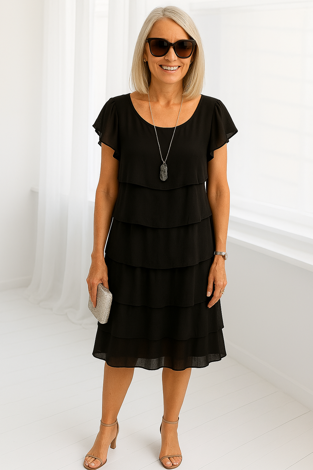 Female model in a flowing layered midi dress against a plain background.