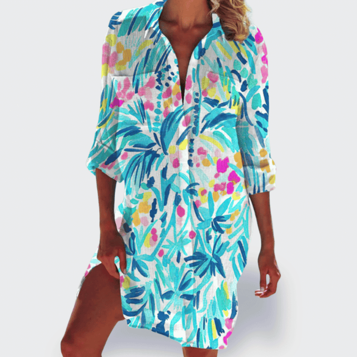 Flowing midi dress with colorful print and effortless everyday style.