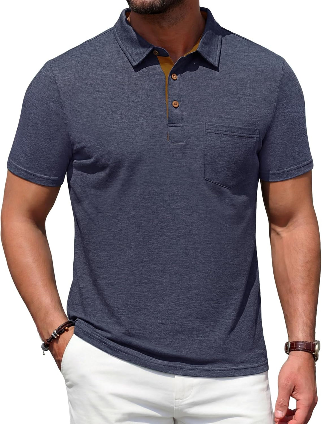 Male model wearing a button placket polo shirt on a plain background.