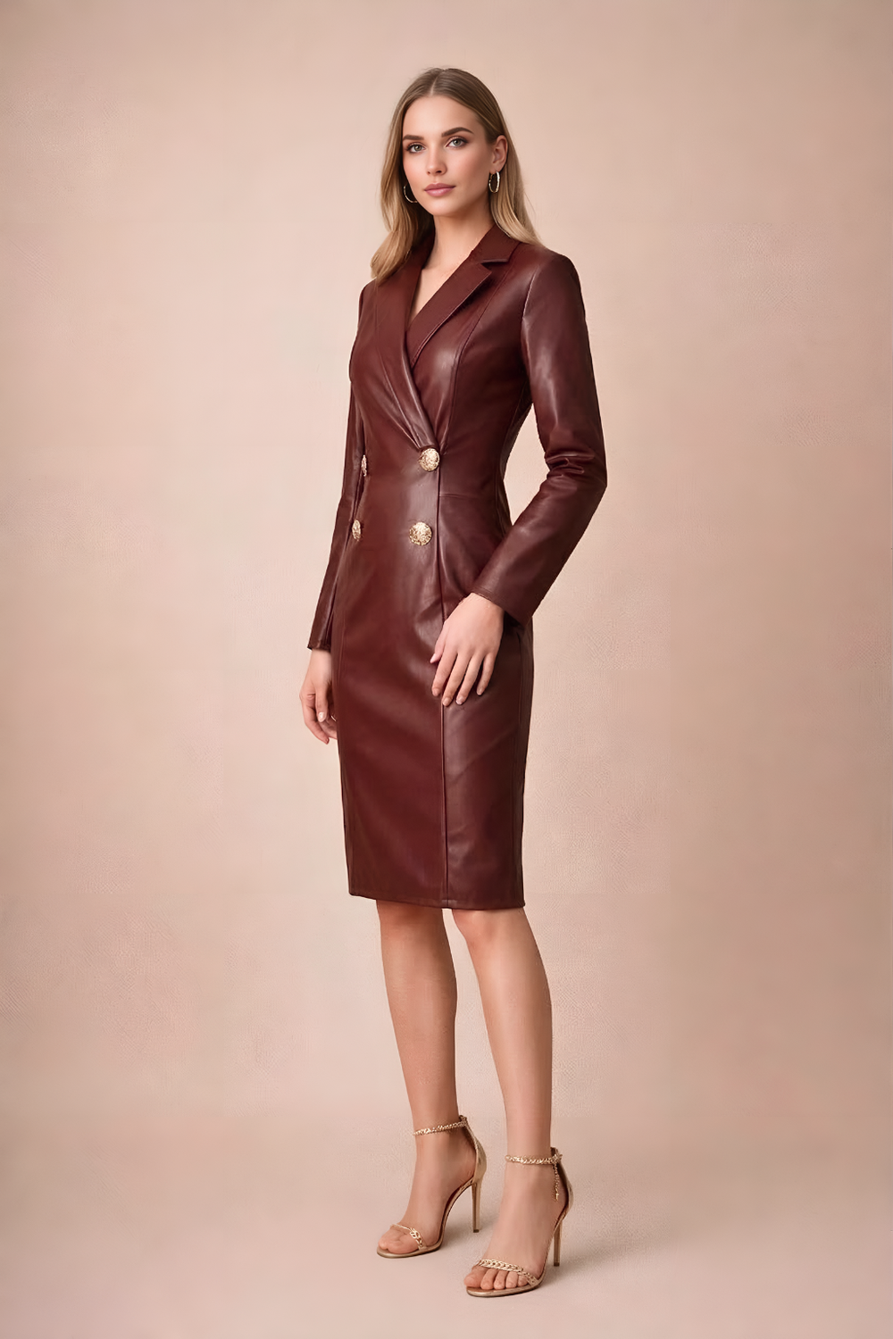 Woman wearing a double breasted faux leather midi dress with long sleeves on a plain background.