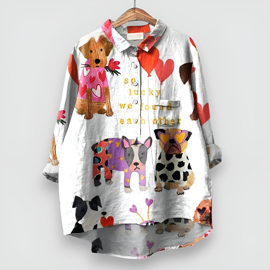 Lightweight dog pattern shirt for women presented on a clean background.