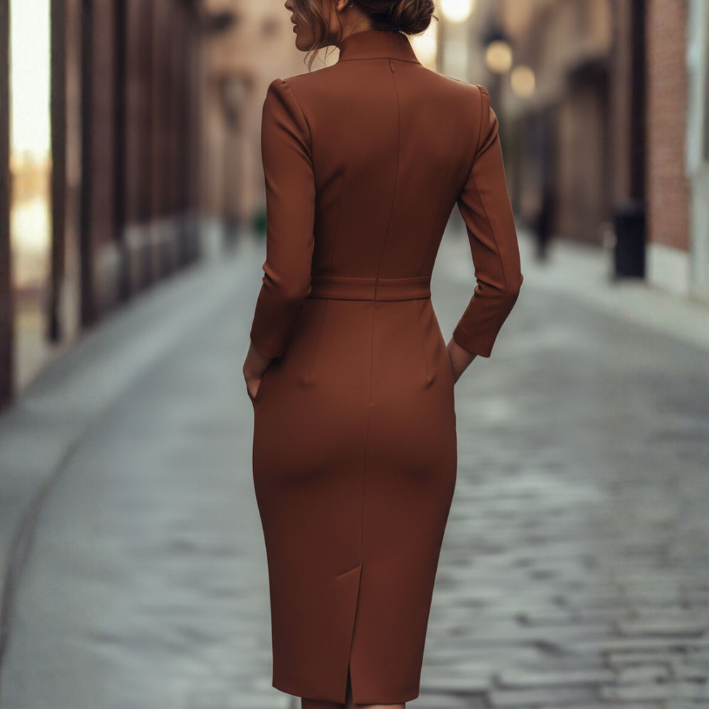 Woman showcasing a belted midi dress with a tailored silhouette on a plain background.