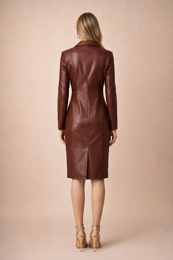 Model wearing a faux leather blazer dress with notched lapel and deep neckline on a plain background.