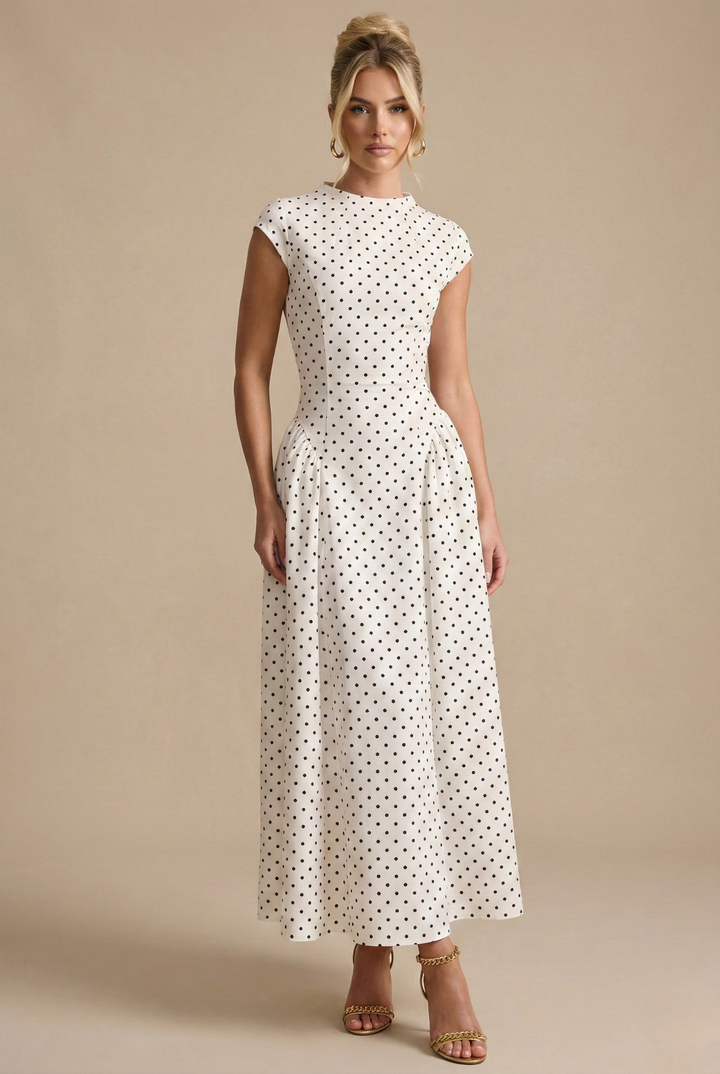 Female model wearing a sleeveless polka dot maxi dress with a round neckline against a plain background.