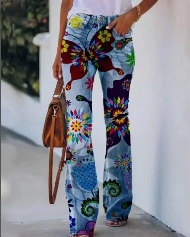 Vintage-inspired flower print jeans on a neutral background.
