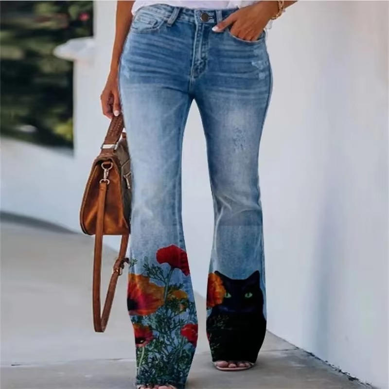 Casual floral jeans displayed without a model on a plain backdrop.