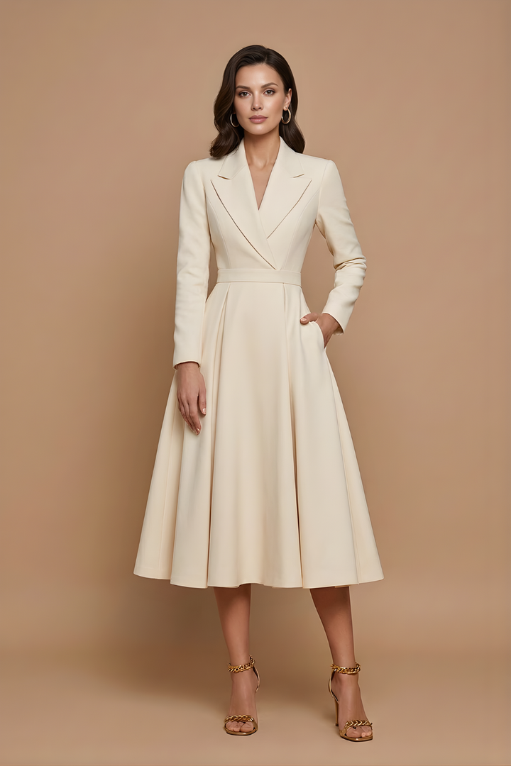 Female wearing a long sleeve midi dress with a wrap-style bodice and pleated skirt on a plain background.