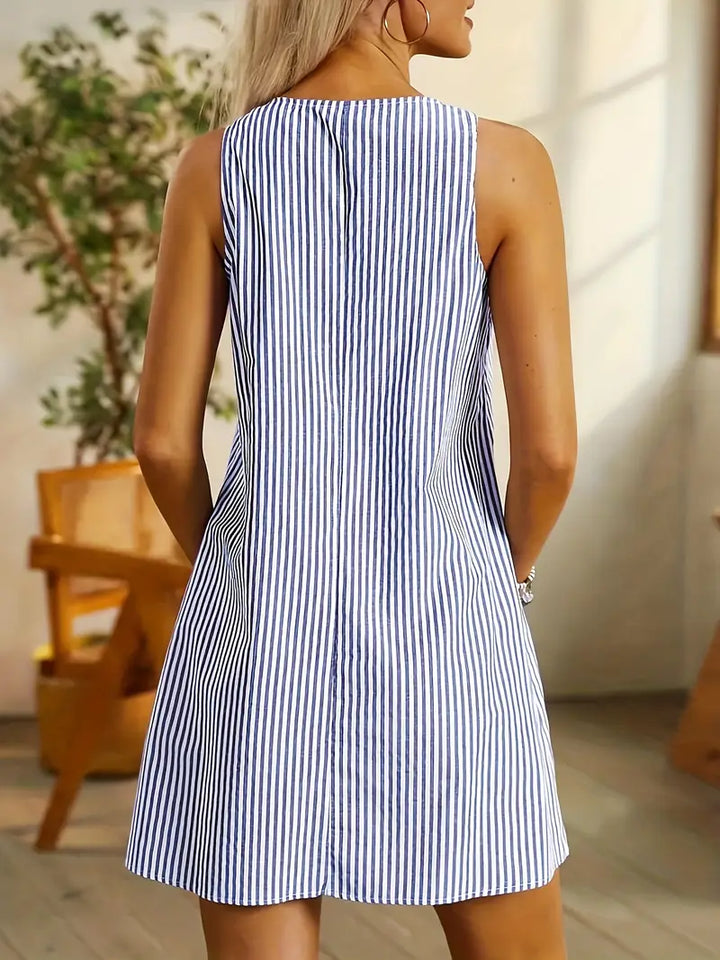 Breathable women’s striped dress with a comfortable fit and polished casual style, back view angle