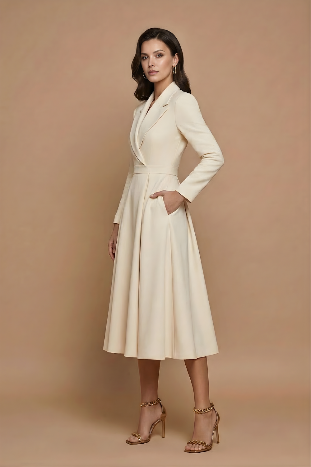 Woman modeling a tailored midi dress featuring a deep V neckline and flowing pleated skirt on a plain background.