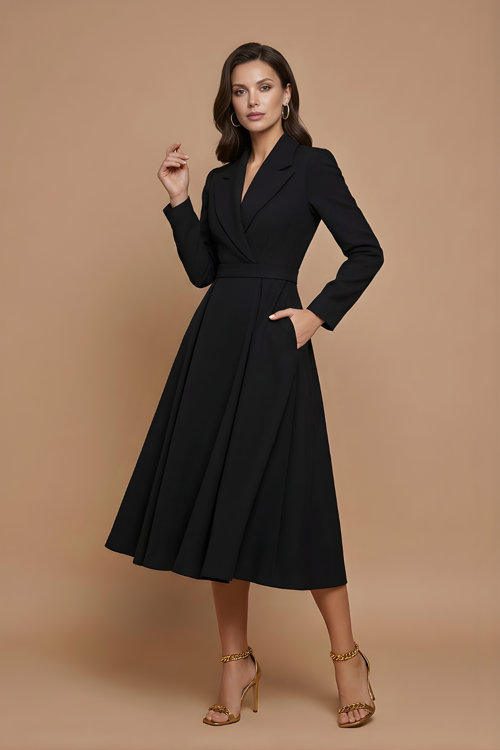 Female showcasing a structured long sleeve dress with a defined waist and full skirt on a plain background.