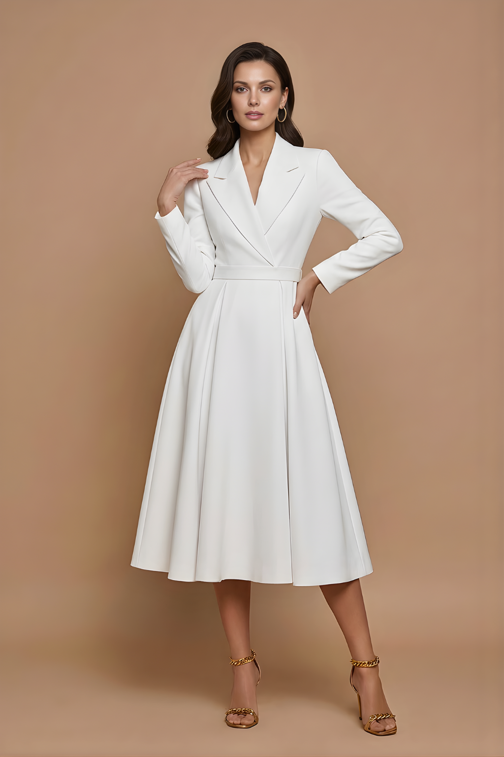 Female posing in a sophisticated wrap-inspired midi dress with long sleeves on a pla