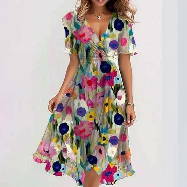 Feminine warm-weather dress with model on a clean background featuring a refined neckline.