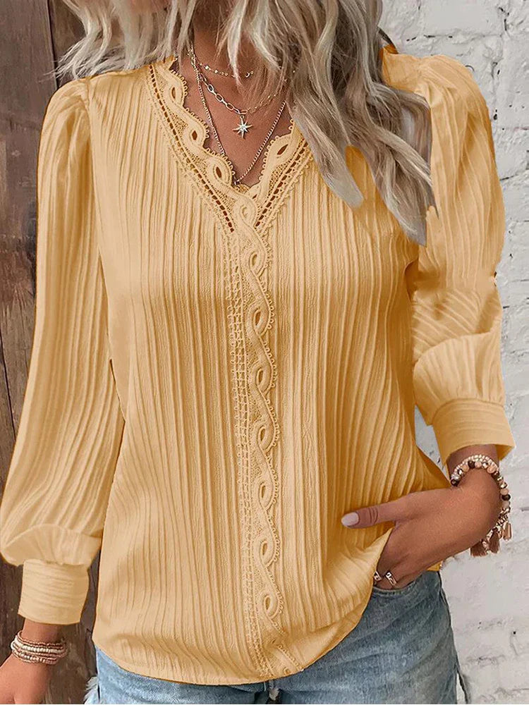 Soft chiffon lace blouse styled for a polished feminine look on a plain background.
