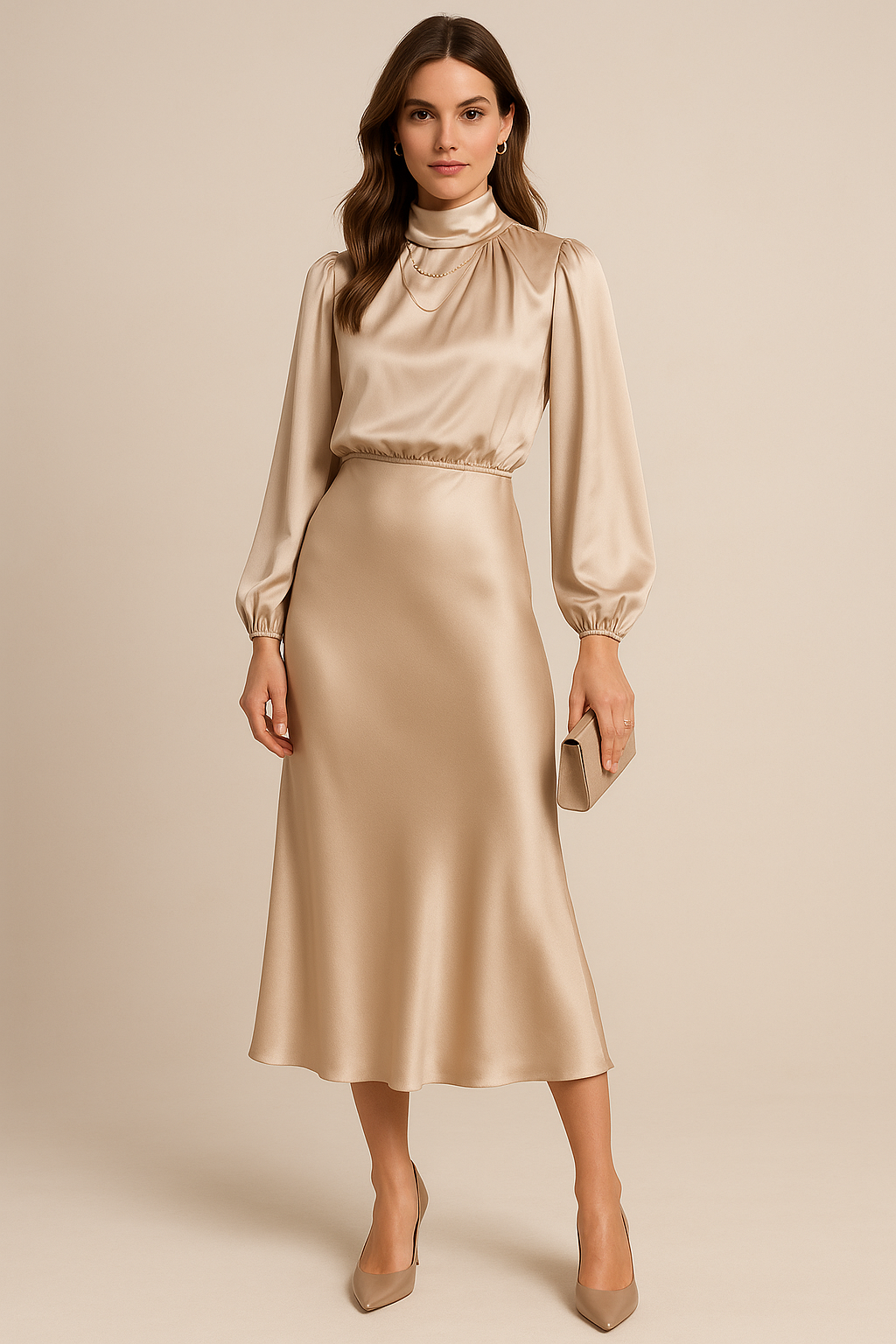 Female wearing a high waist midi dress on a plain background.