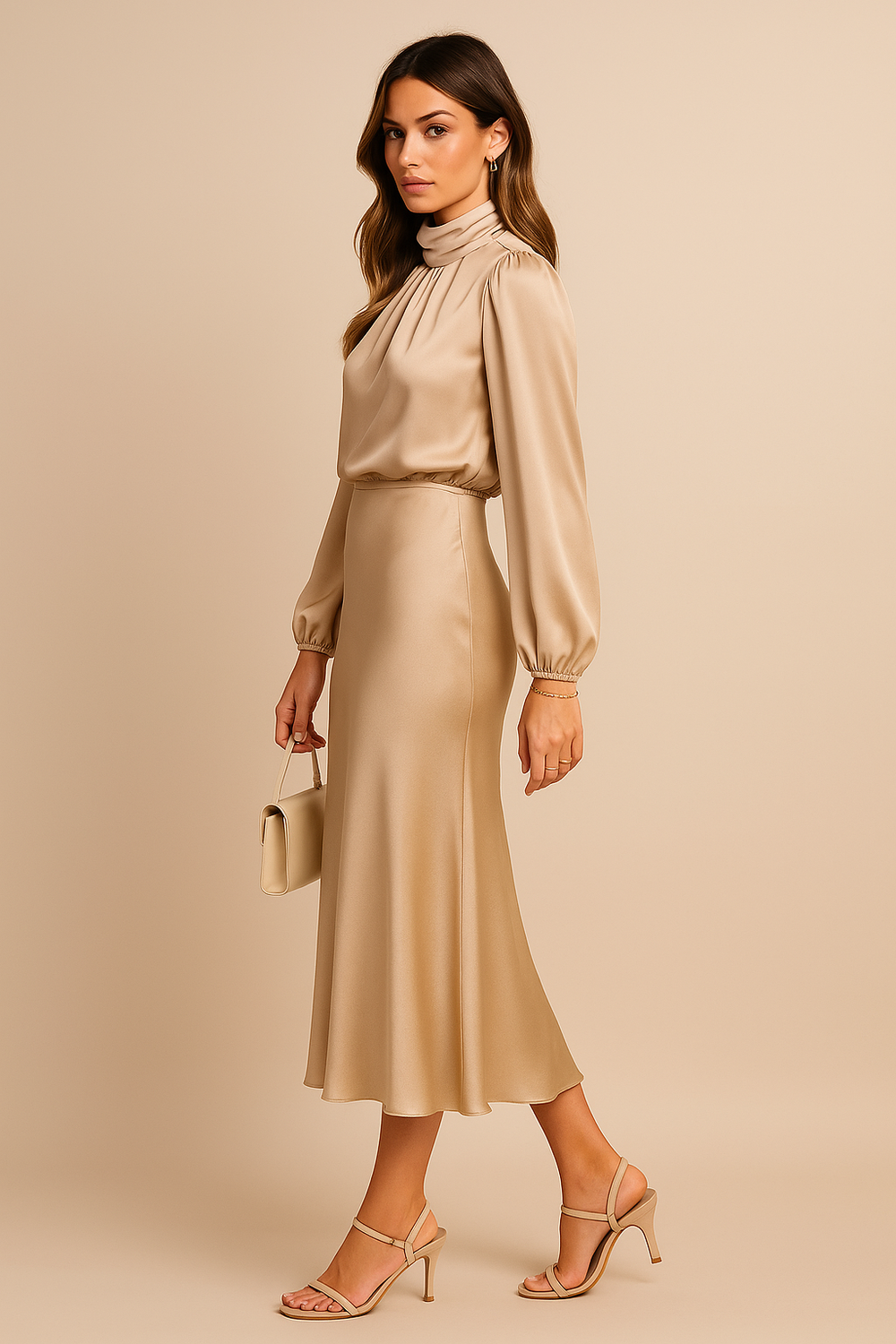 Woman styled in a high neck midi dress with a plain backdrop.
