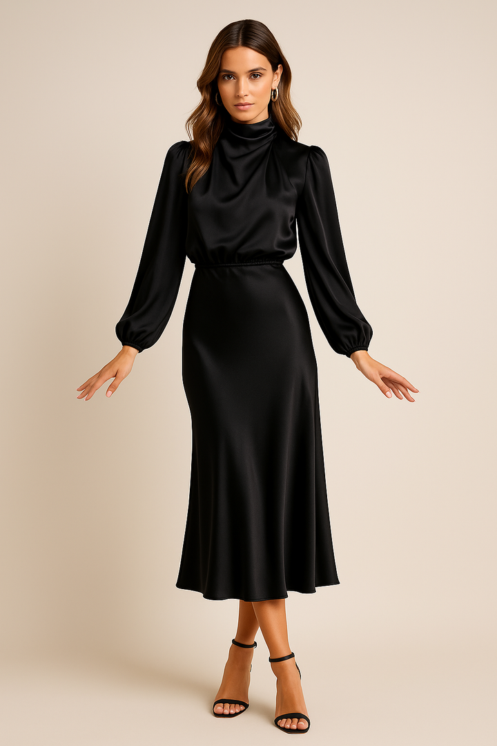 Female posing in a sleeveless midi dress on a plain background.