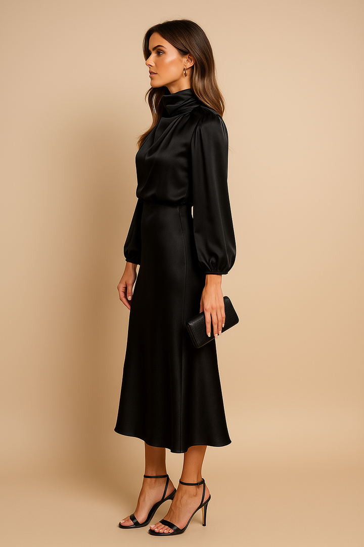 Woman showcasing a fitted high waist dress against a plain background.