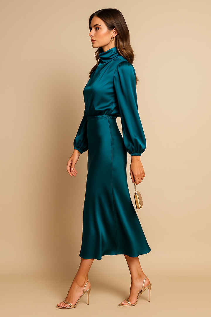 Female wearing an elegant midi dress with a clean plain backdrop.