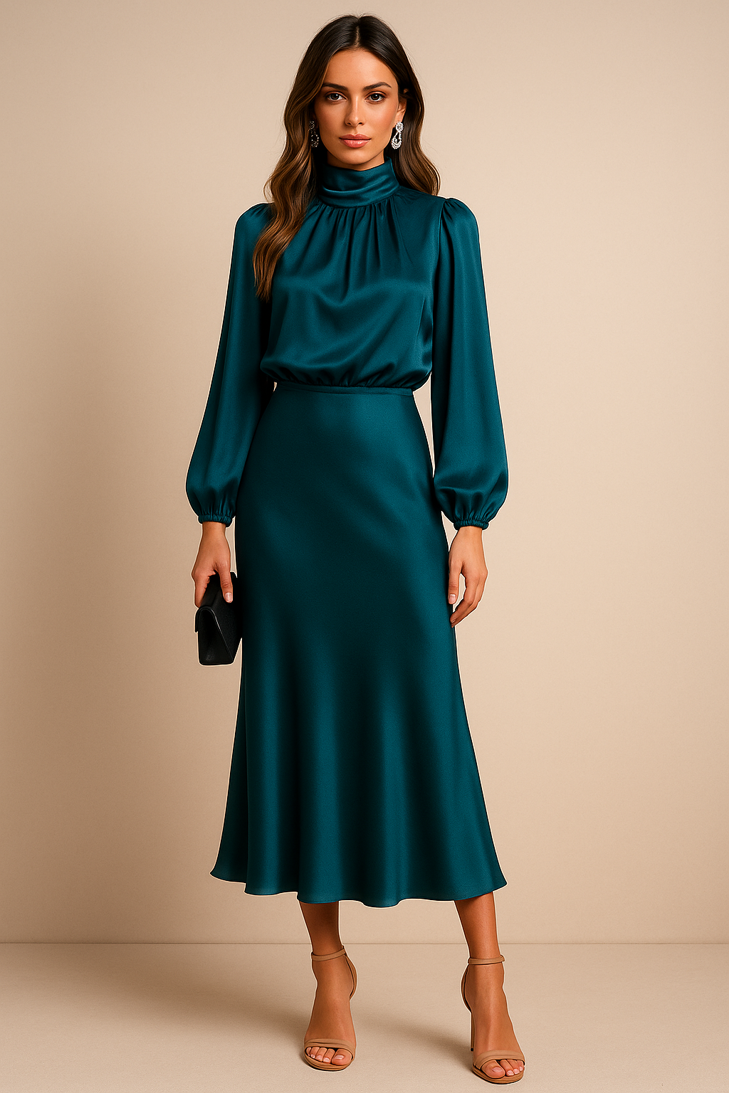 Woman in a modern high neck dress on a plain background.