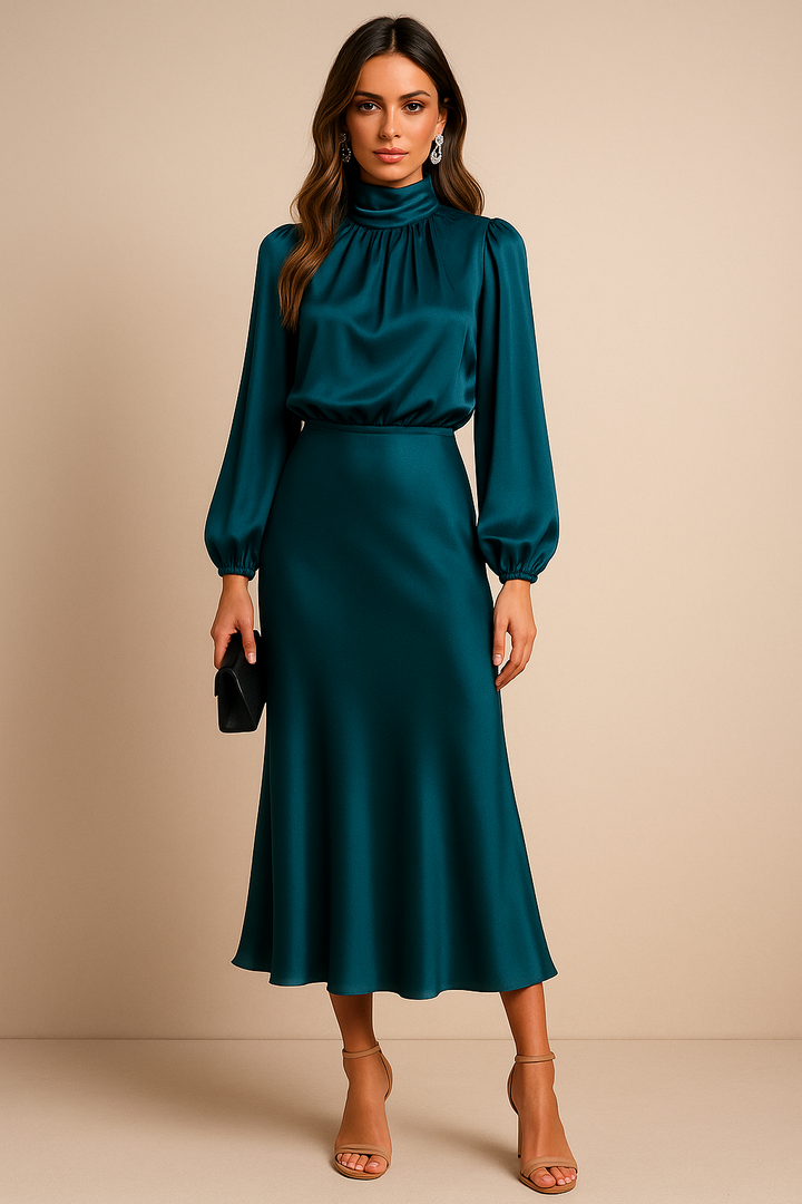 Woman in a modern high neck dress on a plain background.