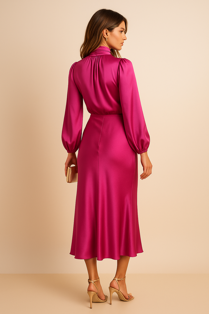 Woman wearing a chic midi dress in a studio plain background setting