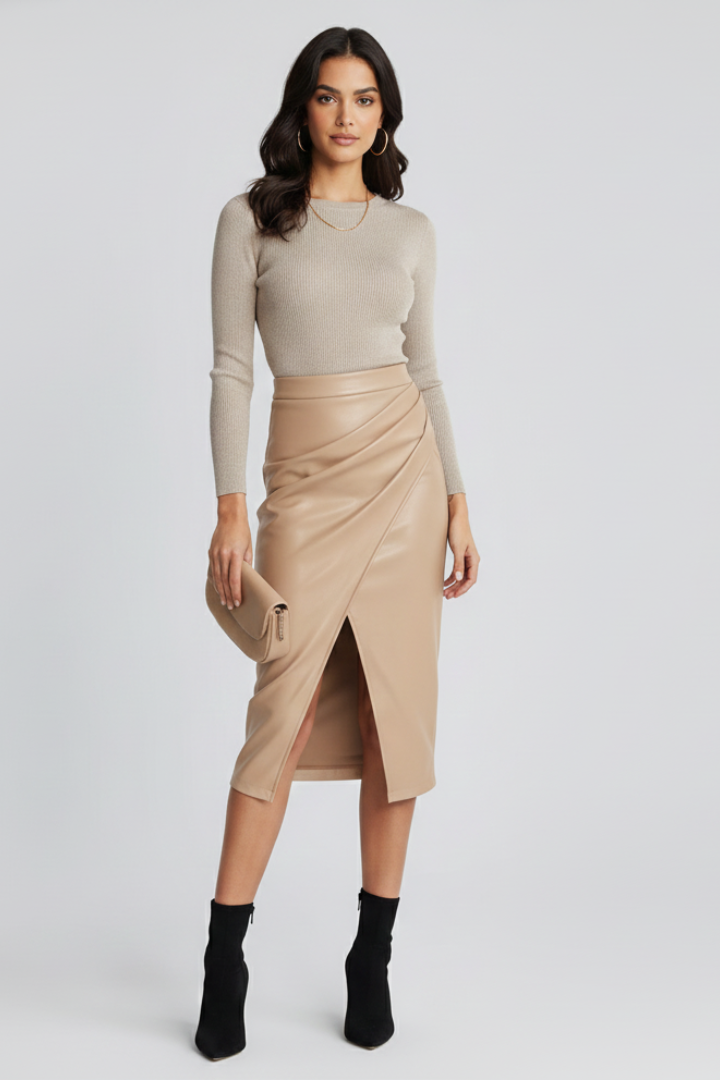 Fashion model in sleek midi skirt and long sleeve top with bag ad boots