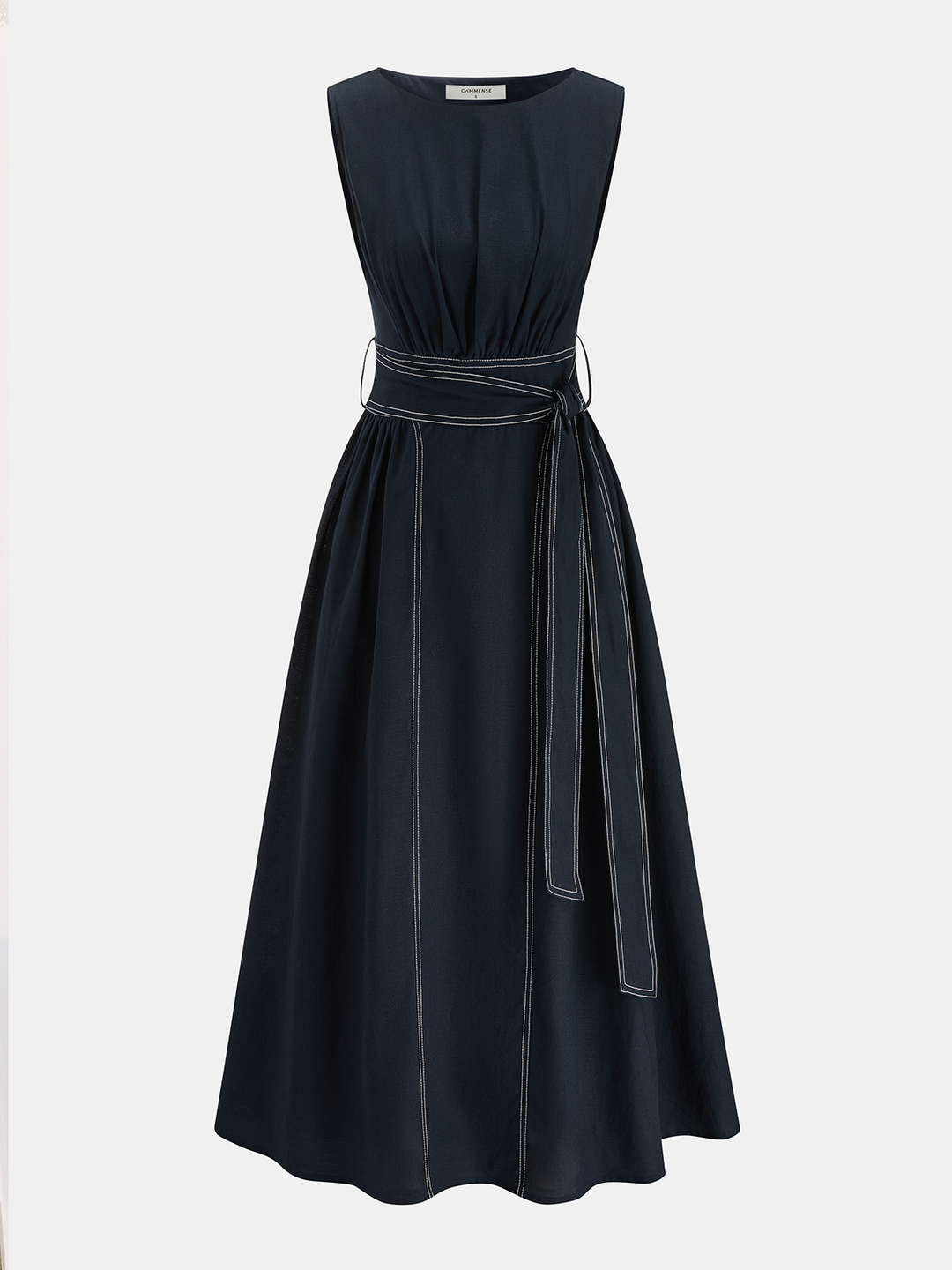 Female model wearing a sleeveless belted midi dress with a crew neckline on a plain background.