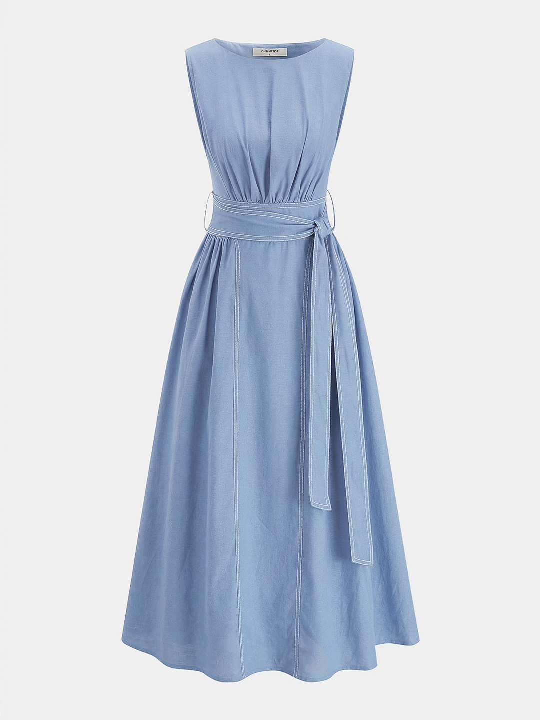 Woman in a sleeveless belted dress styled with a smooth crew neckline on a plain background.