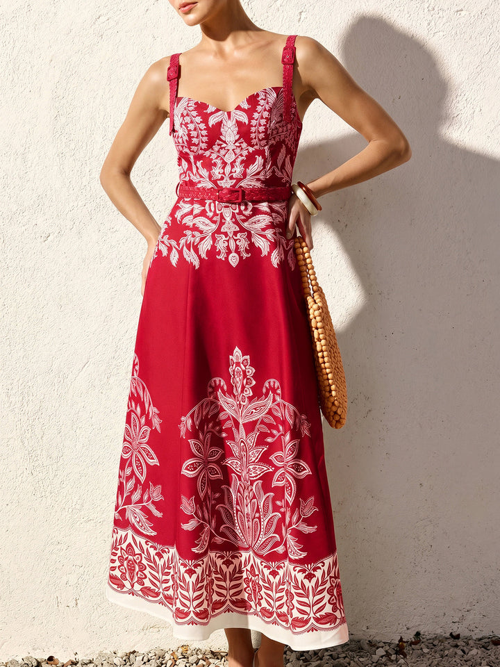 Female model in a sleeveless woven dress with a long relaxed silhouette.