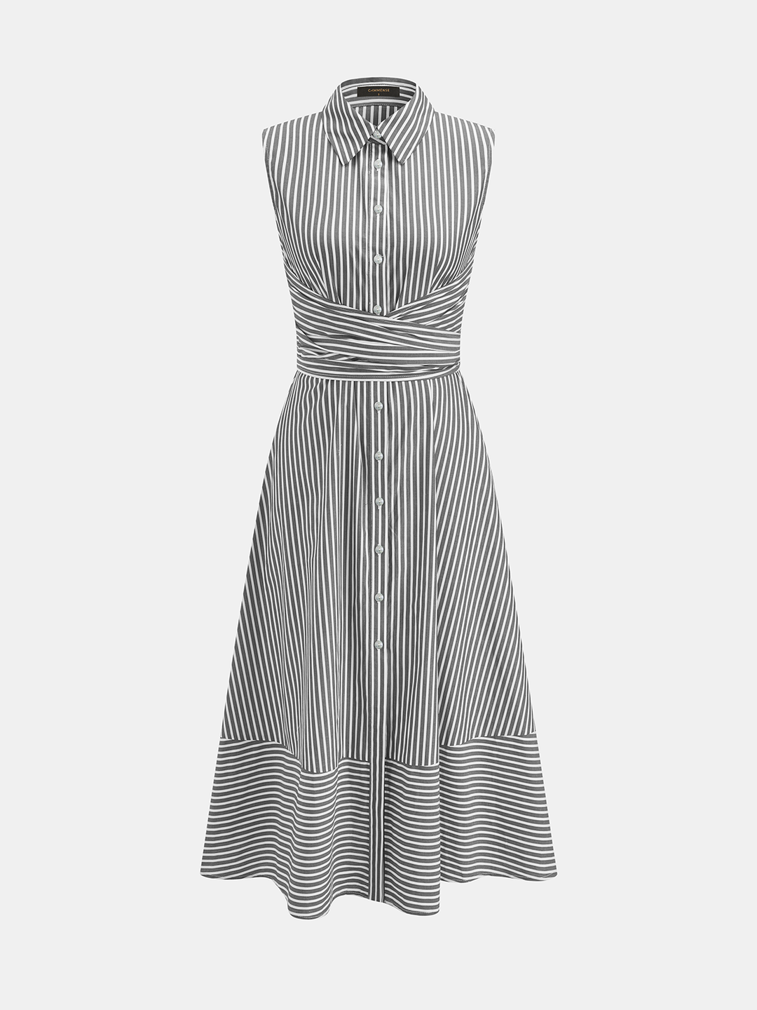 Female displaying a sleeveless collared dress with a midi-length design against a plain background.