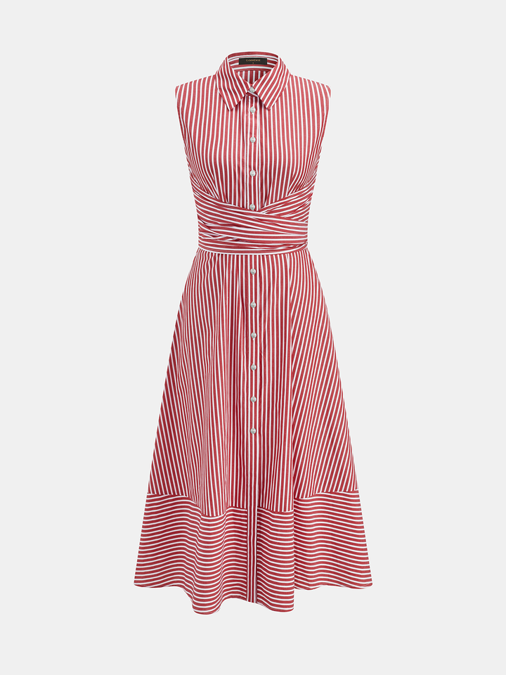 Woman wearing a tailored-looking sleeveless midi dress 