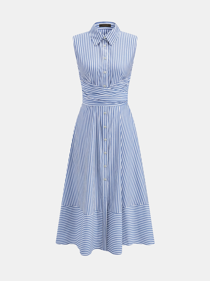 Female wearing a collared sleeveless dress styled for everyday wear on a plain background.