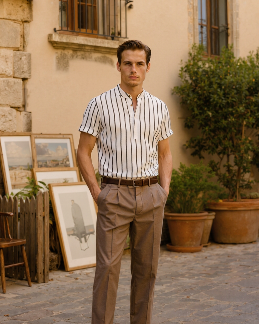  Male model dressed in a striped polo shirt featuring short sleeves and an open neckline on a plain background.