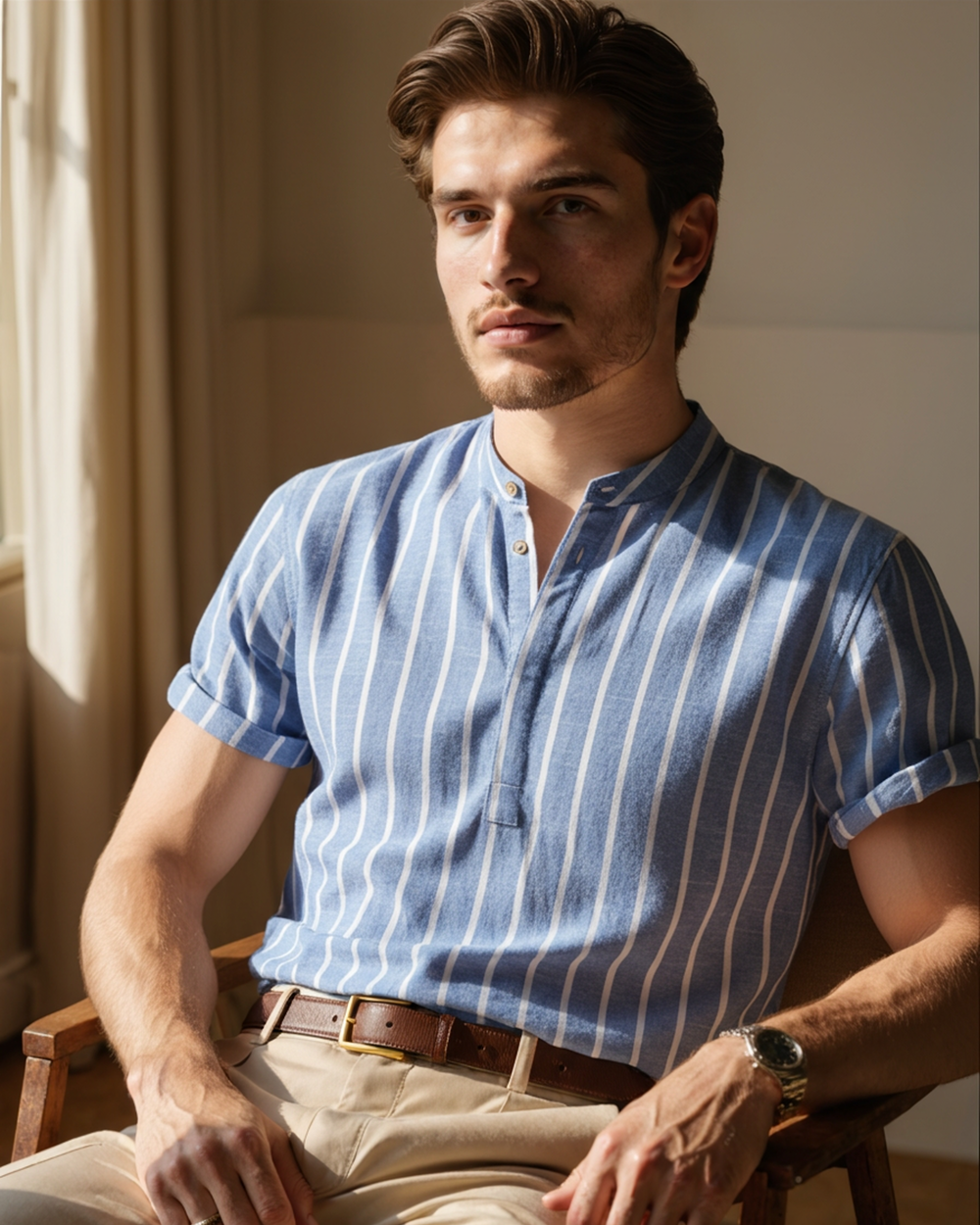  Man showcasing a casual striped polo top with a relaxed collar on a plain background.
