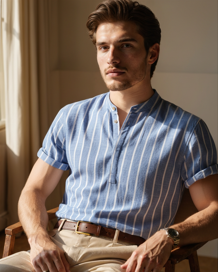  Man showcasing a casual striped polo top with a relaxed collar on a plain background.