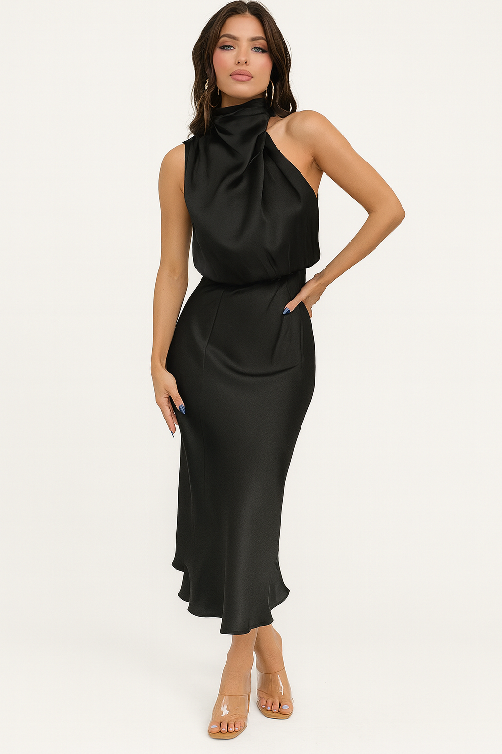 Female wearing an off-shoulder satin midi dress on a plain background.