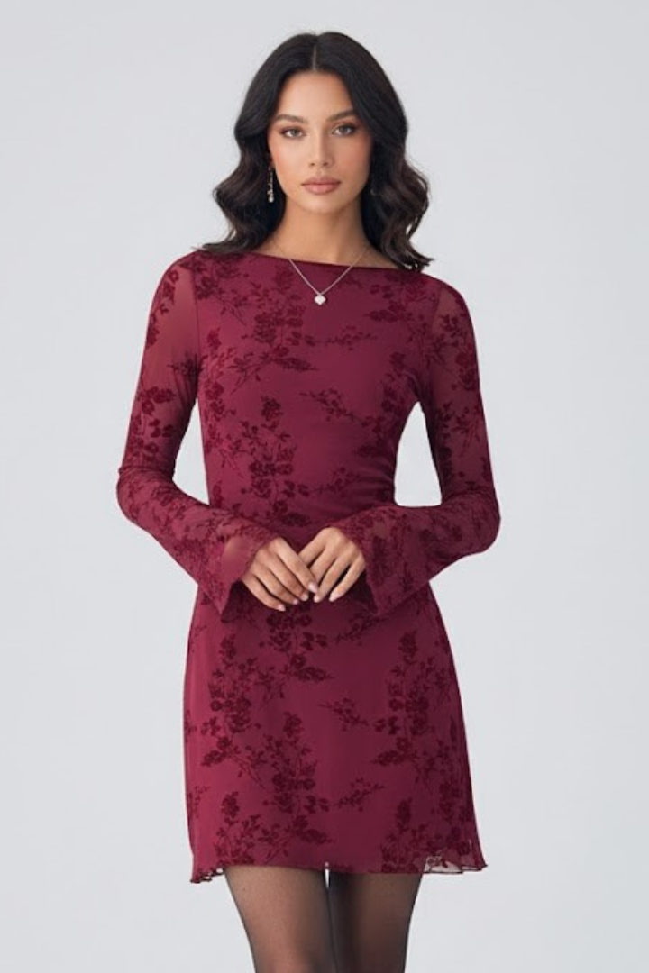  Female showcasing a long sleeve mesh mini dress with floral detailing against a plain background.