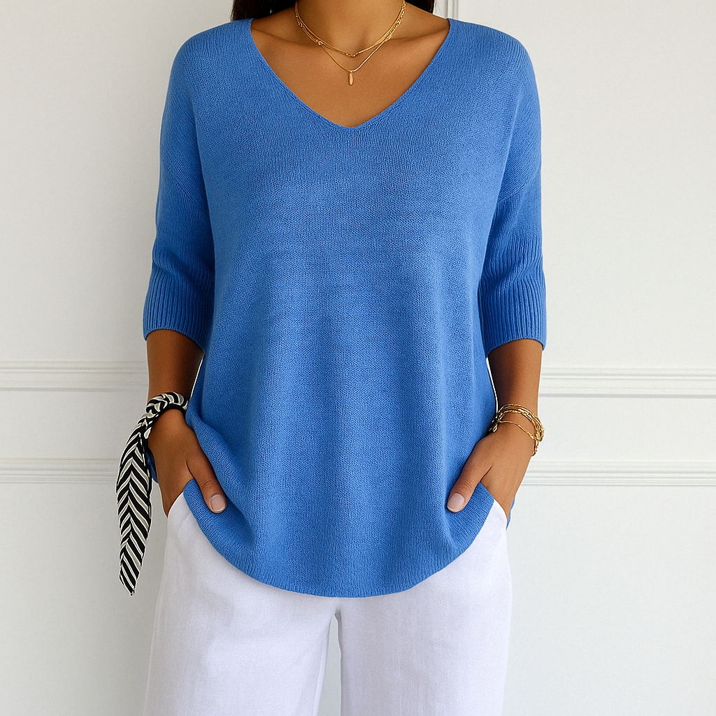V-neck knit top displayed from front on plain background.