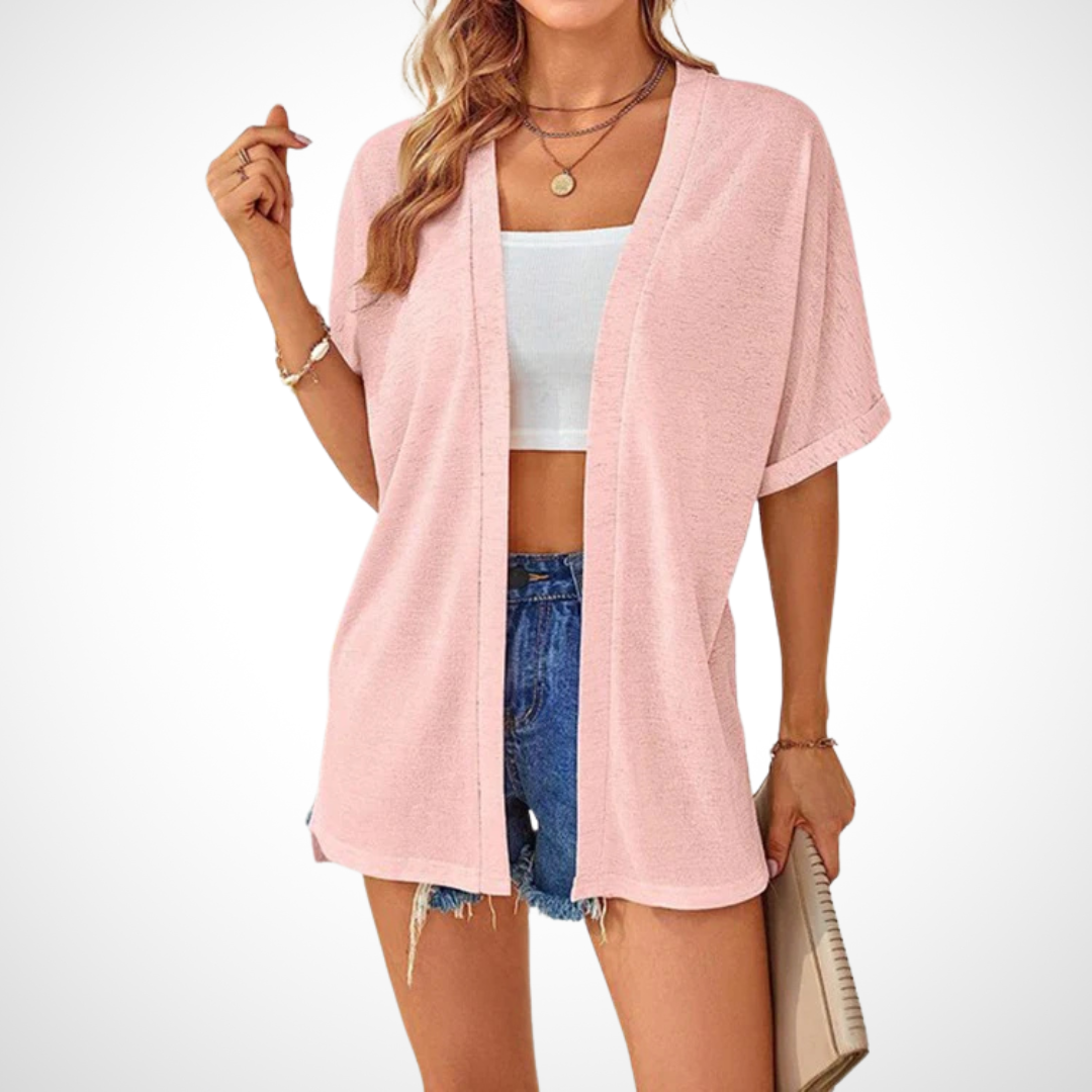 Simple draped cardigan with open front displayed on plain background.