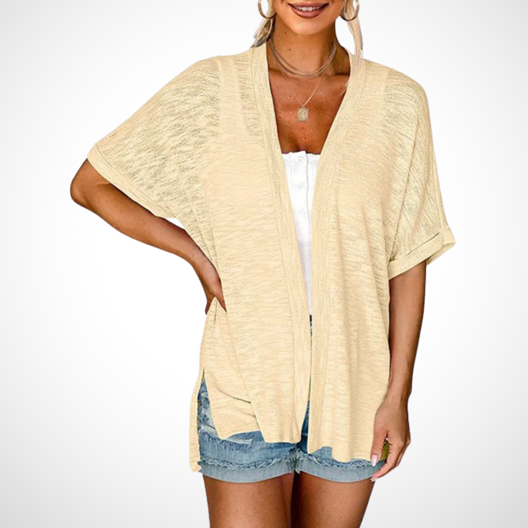 Open-front draped cardigan with short sleeves displayed on a plain background