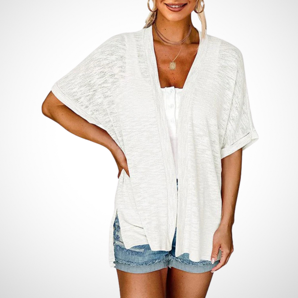 Relaxed fit layering cardigan shown against a clean background.