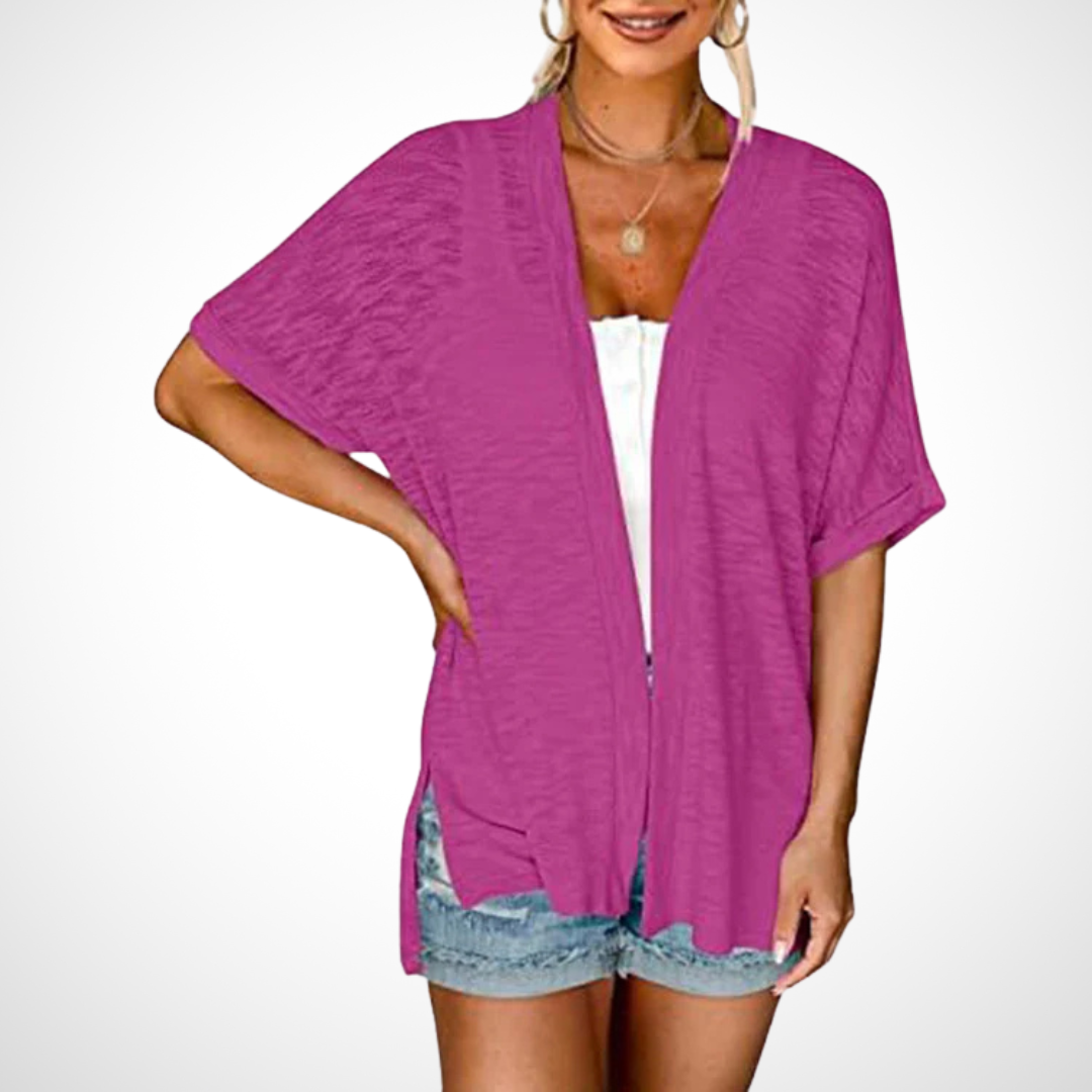 Casual open-front cardigan with short sleeves on a plain background.