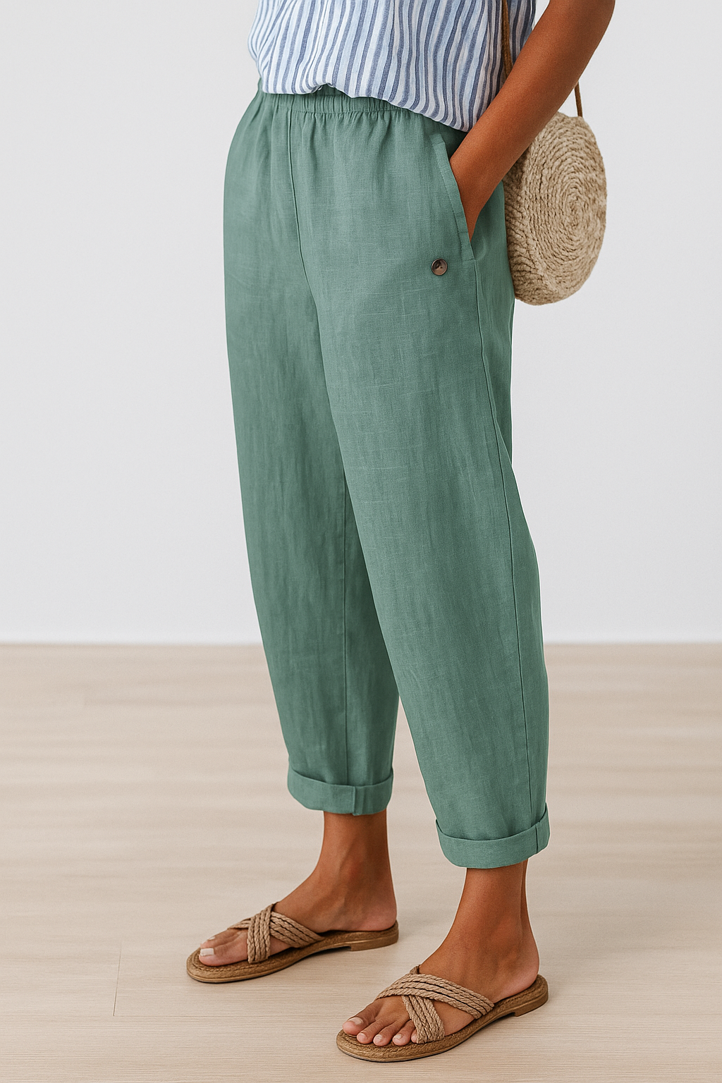 Woman wearing smooth drape trousers with side pockets on a plain background.