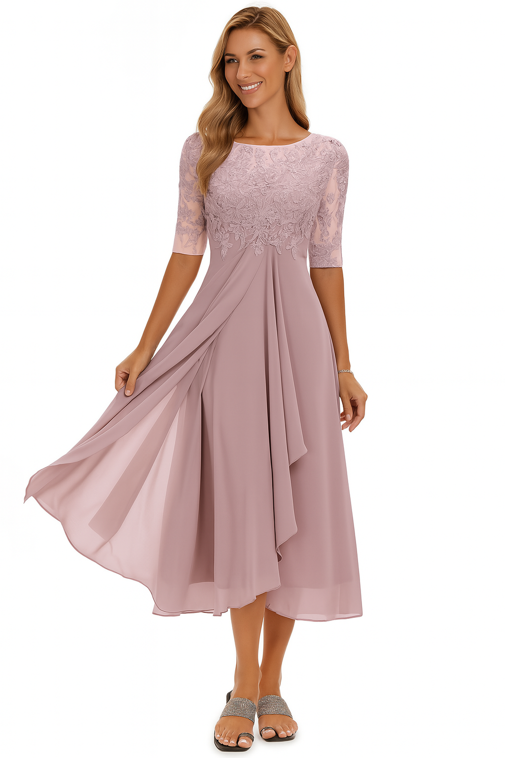 Woman in a flowing midi dress styled for warm-weather occasions on a plain background.