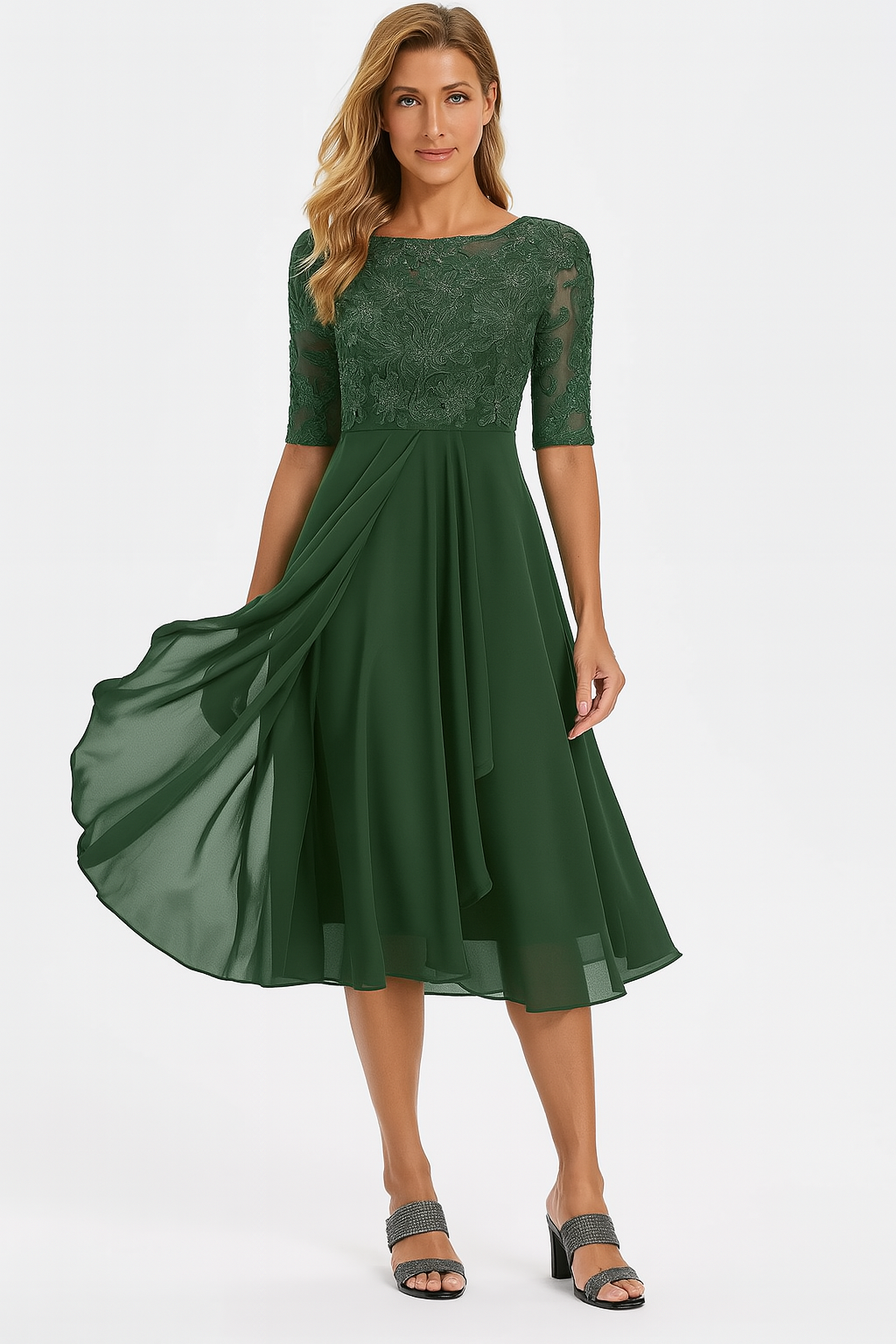 Female model showcasing an A line summer dress with graceful movement on a plain background.