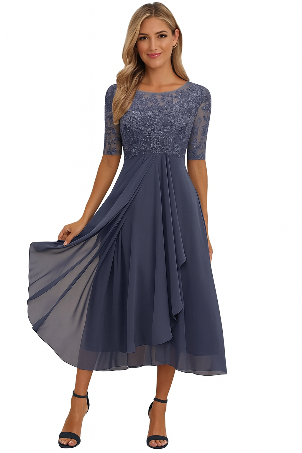 Female model in a feminine summer midi dress with a softly flared shape on a plain background.