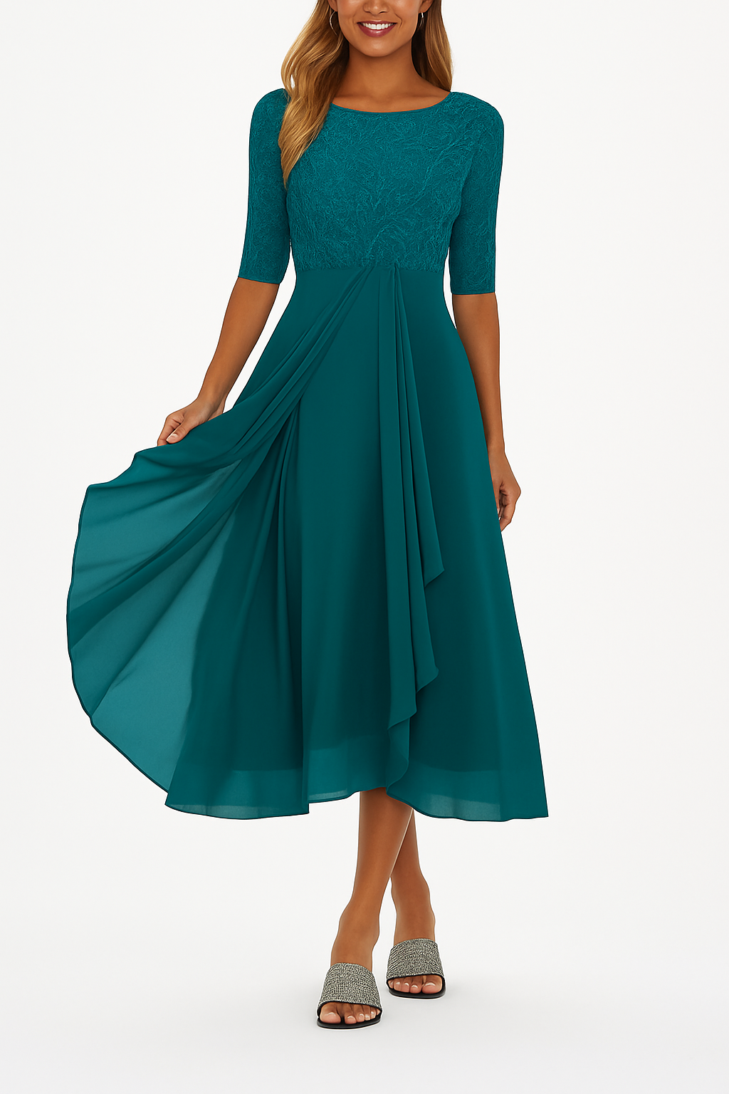 Woman styled in an elegant A line dress for daytime events on a plain background.