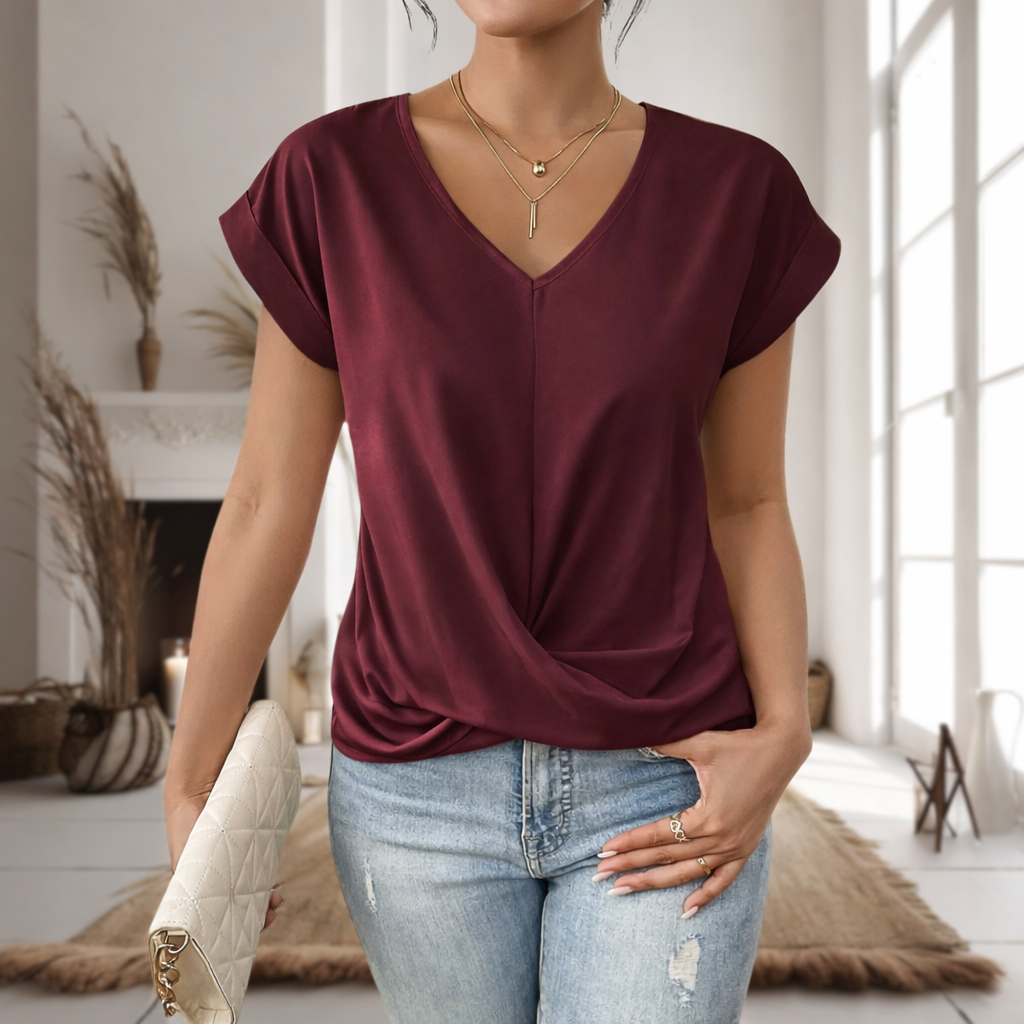 Women’s sweetheart neckline T-shirt shown on a model against a plain background.